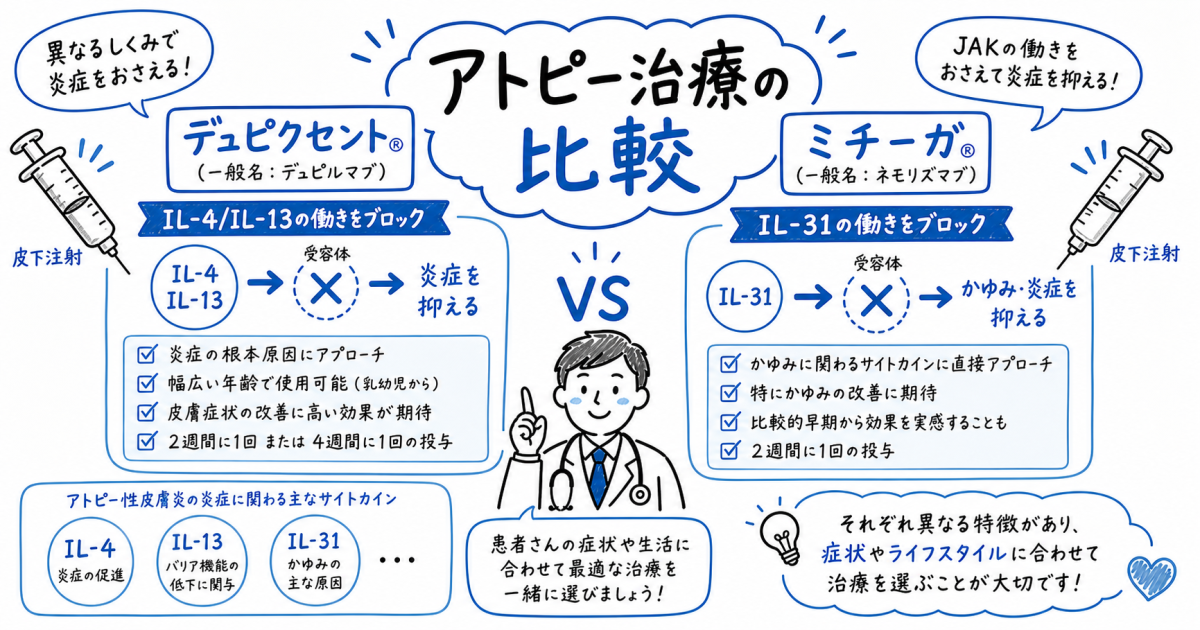デュピクセントとミチーガの違いは？仕組みと効果を医師が比較解説